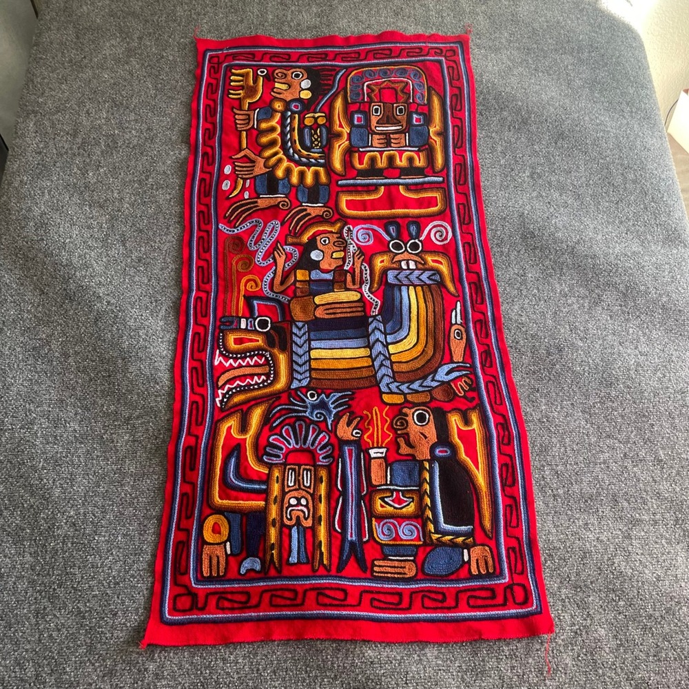 Vintage Peruvian Hand Embroidered Textile Wall Hanging Incan Mythological Art